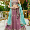 Rose Gold Embroidered Chiffon Lehenga Choli with Floral Motifs and Aqua Blue Dupatta - Mangaldeep NX