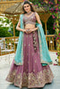 Rose Gold Embroidered Chiffon Lehenga Choli with Floral Motifs and Aqua Blue Dupatta - Mangaldeep NX