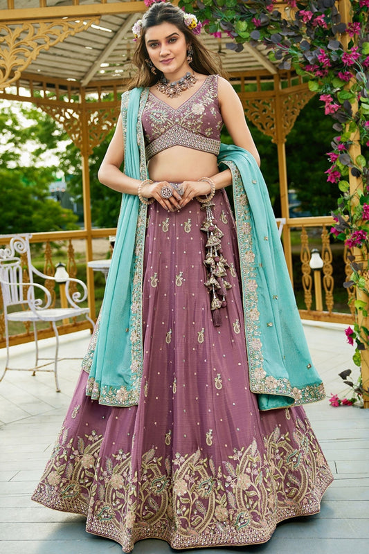 Rose Gold Embroidered Chiffon Lehenga Choli with Floral Motifs and Aqua Blue Dupatta - Mangaldeep NX