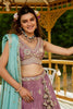 Rose Gold Embroidered Chiffon Lehenga Choli with Floral Motifs and Aqua Blue Dupatta - Mangaldeep NX