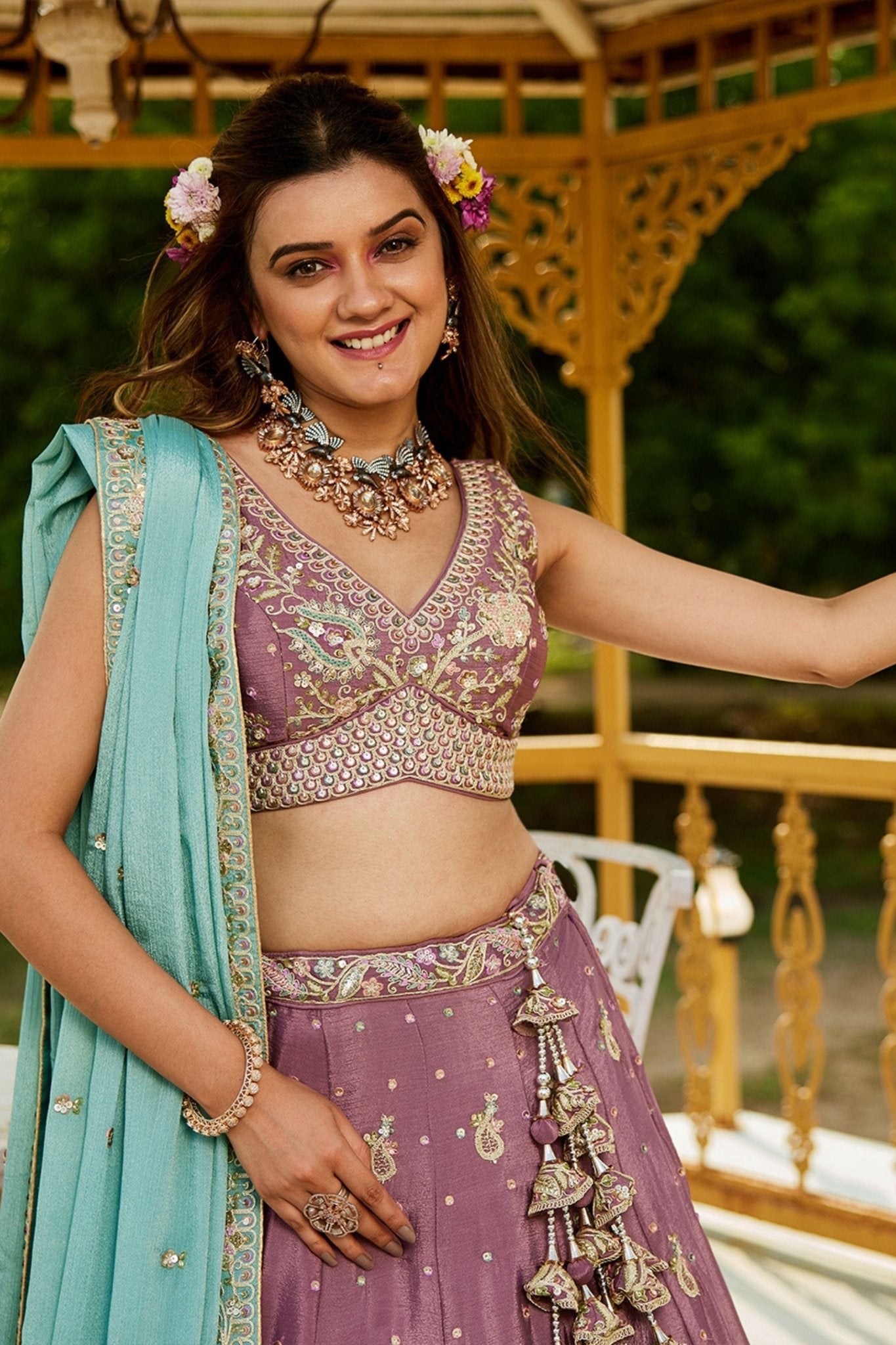 Rose Gold Embroidered Chiffon Lehenga Choli with Floral Motifs and Aqua Blue Dupatta - Mangaldeep NX