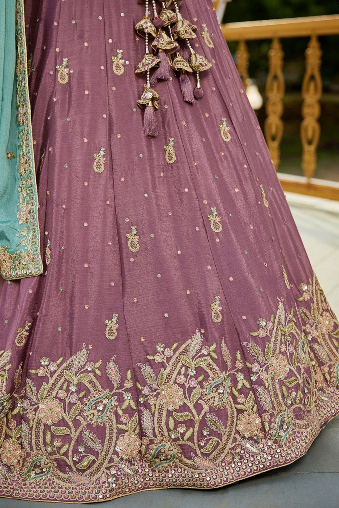 Rose Gold Embroidered Chiffon Lehenga Choli with Floral Motifs and Aqua Blue Dupatta - Mangaldeep NX