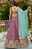 Rose Gold Embroidered Chiffon Lehenga Choli with Floral Motifs and Aqua Blue Dupatta - Mangaldeep NX
