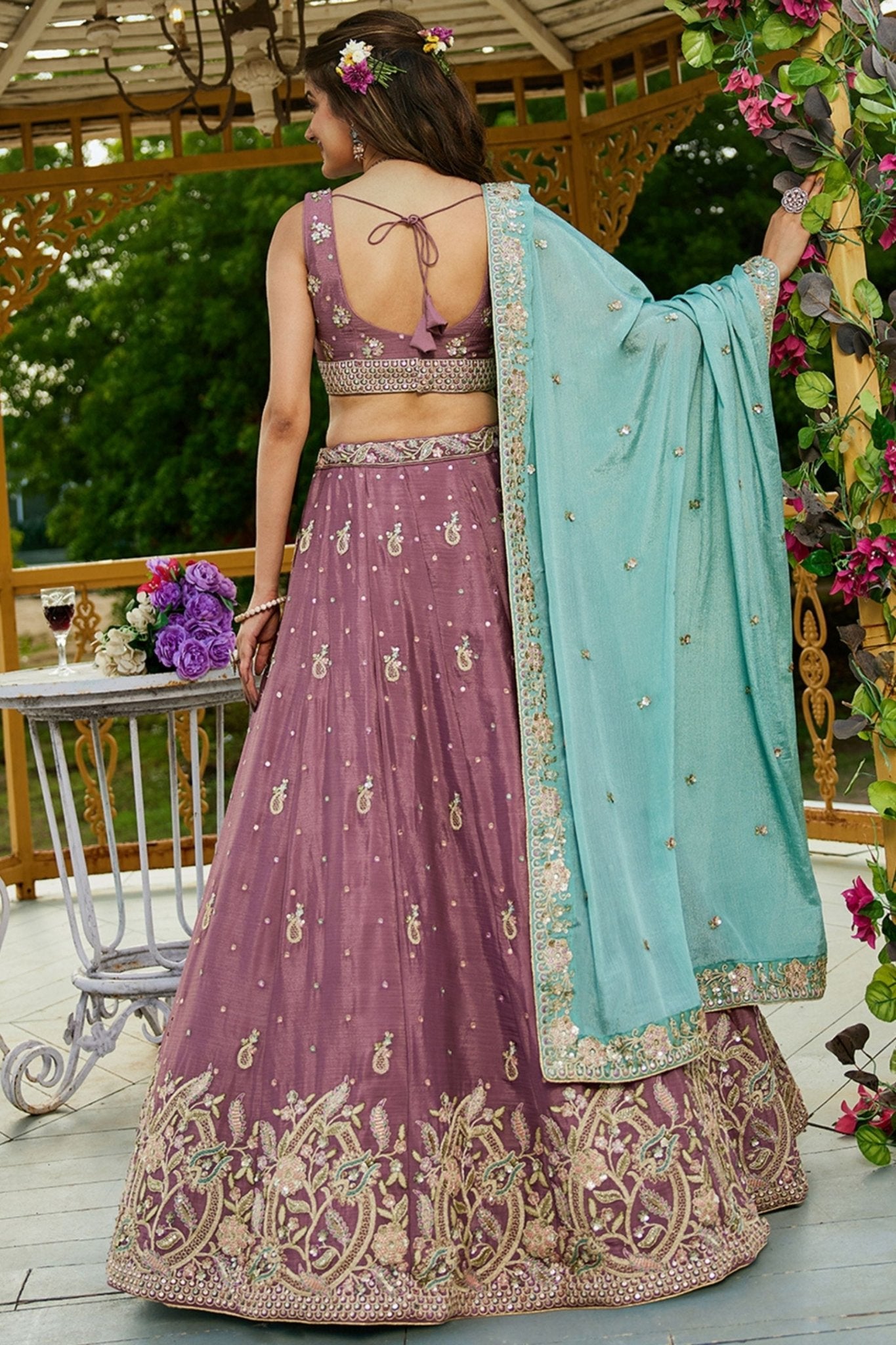 Rose Gold Embroidered Chiffon Lehenga Choli with Floral Motifs and Aqua Blue Dupatta - Mangaldeep NX