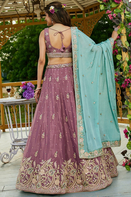 Rose Gold Embroidered Chiffon Lehenga Choli with Floral Motifs and Aqua Blue Dupatta - Mangaldeep NX