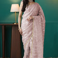 Rose Pink Organza Saree with Gold Leaf Print and Sequin Lace Border - Mangaldeep NX