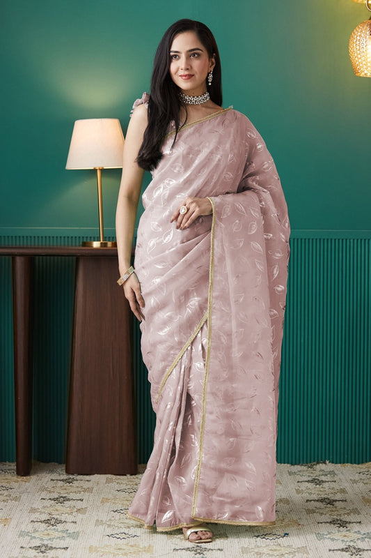 Rose Pink Organza Saree with Gold Leaf Print and Sequin Lace Border - Mangaldeep NX