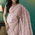 Rose Pink Organza Saree with Gold Leaf Print and Sequin Lace Border - Mangaldeep NX