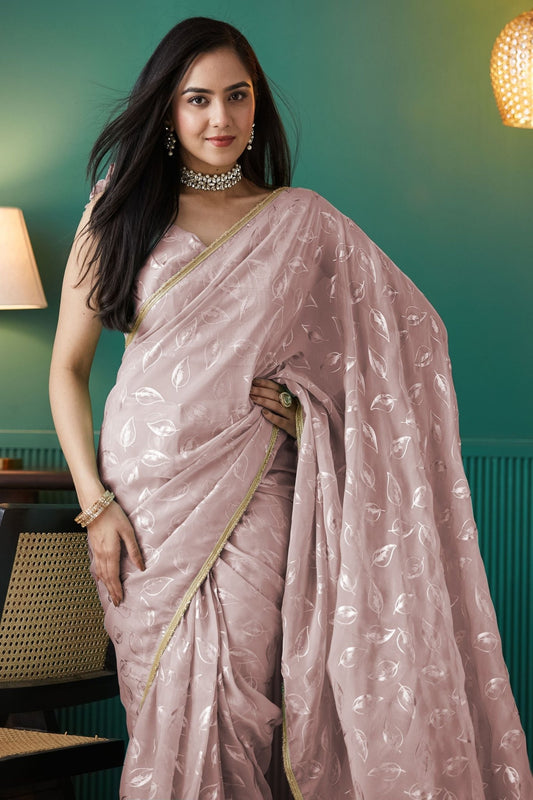 Rose Pink Organza Saree with Gold Leaf Print and Sequin Lace Border - Mangaldeep NX