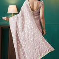 Rose Pink Organza Saree with Gold Leaf Print and Sequin Lace Border - Mangaldeep NX