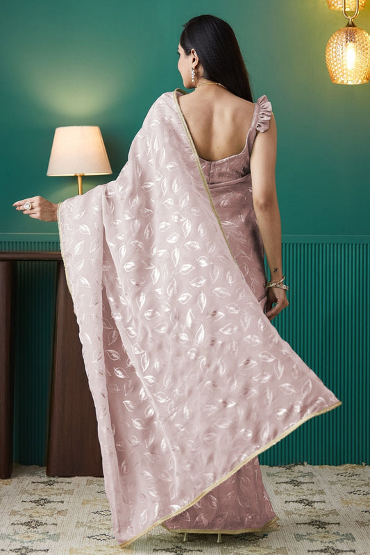 Rose Pink Organza Saree with Gold Leaf Print and Sequin Lace Border - Mangaldeep NX