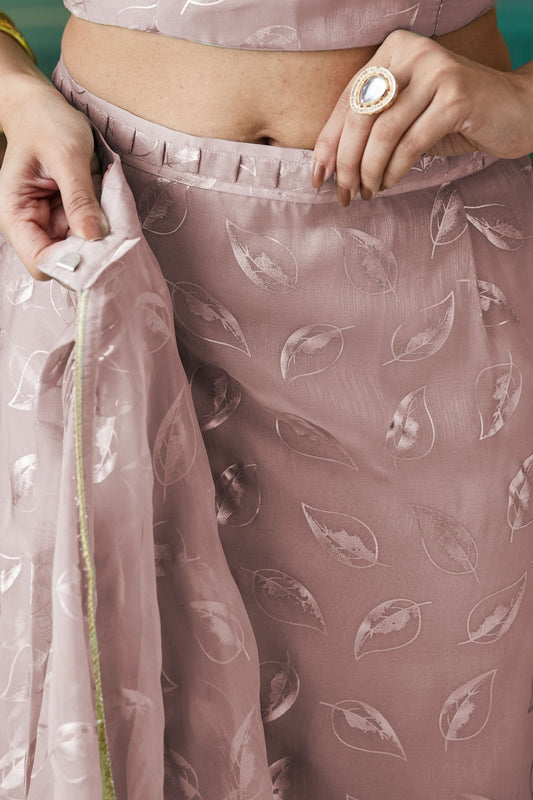 Rose Pink Organza Saree with Gold Leaf Print and Sequin Lace Border - Mangaldeep NX