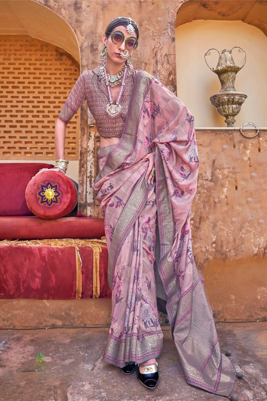 Rose Pink Silk Saree with Floral Print and Zari Border - Mangaldeep NX
