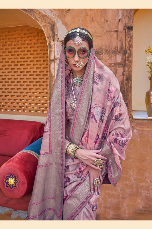 Rose Pink Silk Saree with Floral Print and Zari Border - Mangaldeep NX