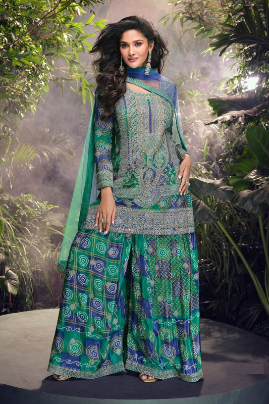 Royal Blue and Green Bandhani Sharara Suit with Heavy Embroidery and Net Dupatta - Mangaldeep NX
