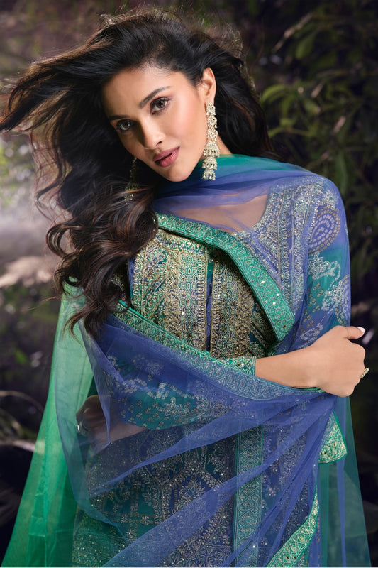 Royal Blue and Green Bandhani Sharara Suit with Heavy Embroidery and Net Dupatta - Mangaldeep NX