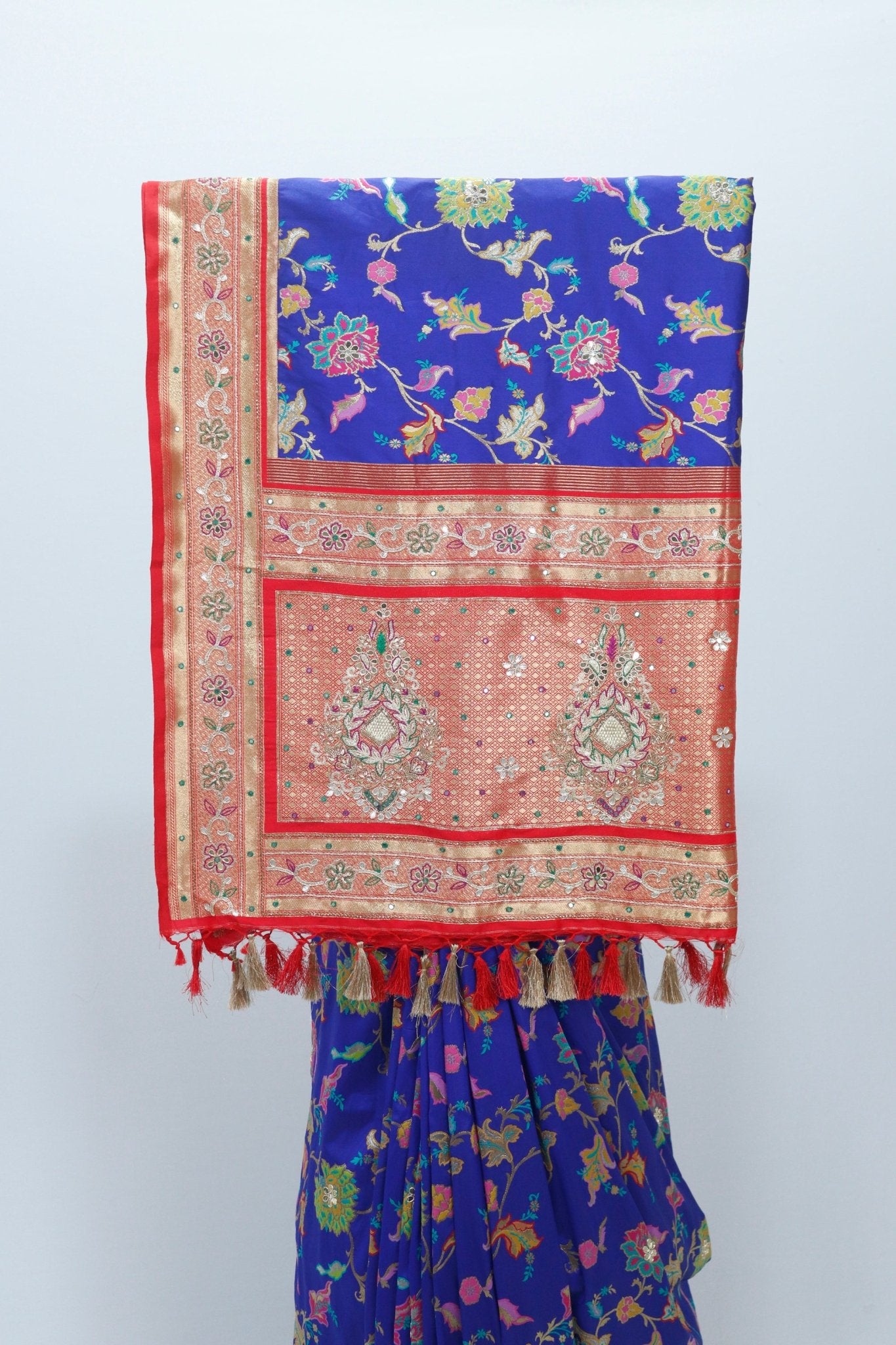 Royal Blue Banarasi Silk Saree Tassels Wedding Festive Wear - Mangaldeep NX