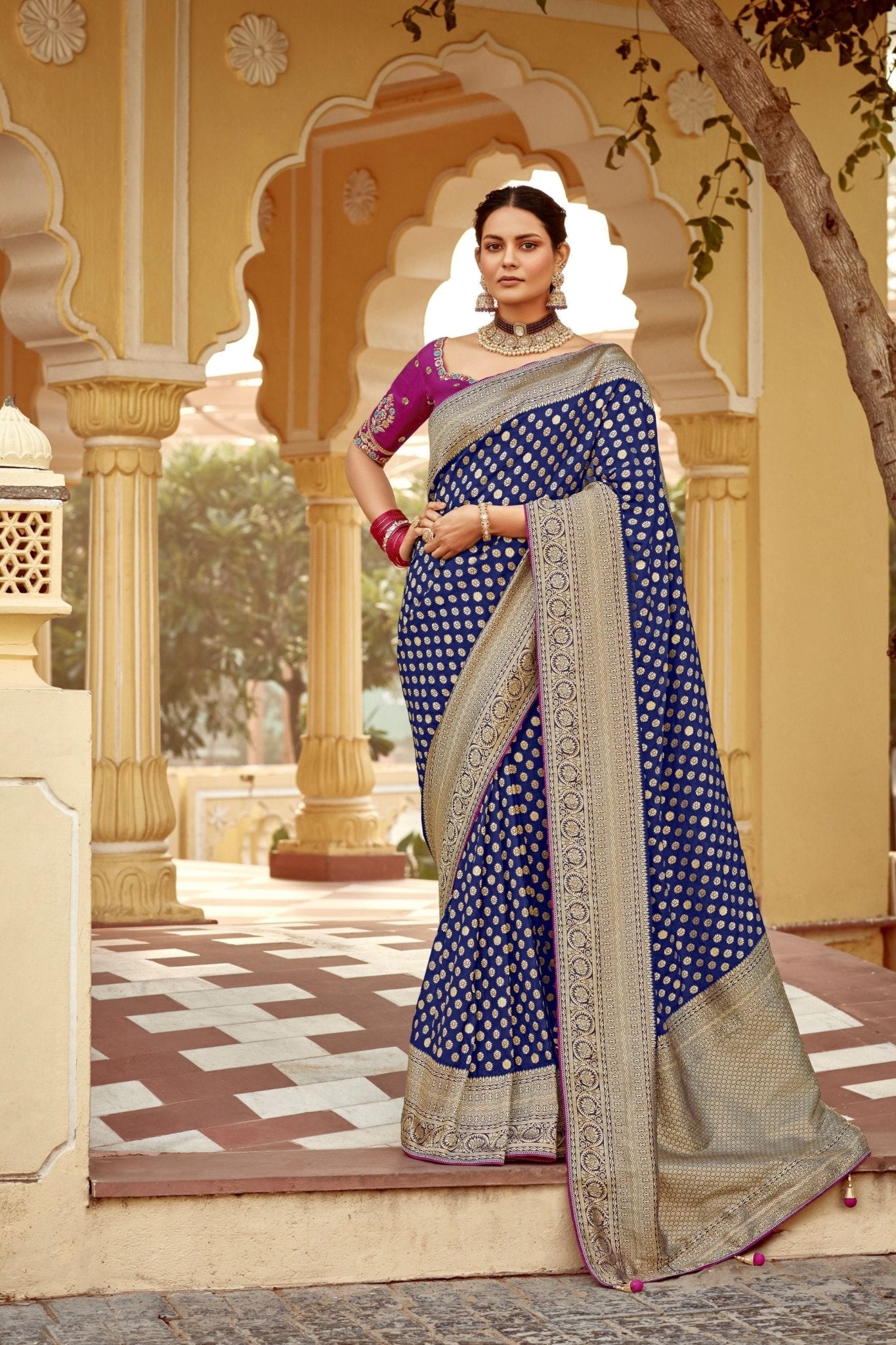 Royal Blue Banarasi Silk Saree with Gold Zari Border - Mangaldeep NX