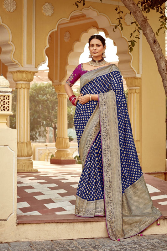 Royal Blue Banarasi Silk Saree with Gold Zari Border - Mangaldeep NX