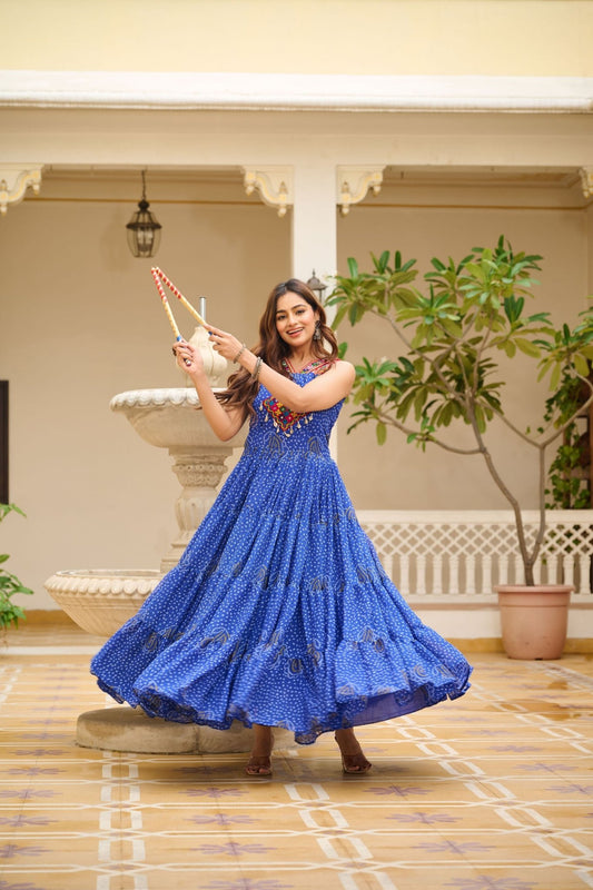 Royal Blue Bandhani Cotton Gown with Mirror Embroidery - Mangaldeep NX