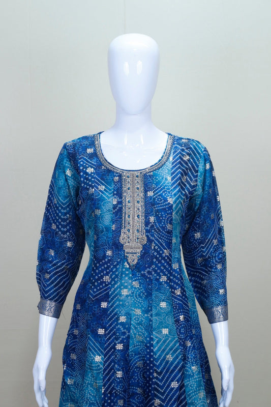 Royal Blue Bandhani Print Embroidered Anarkali Suit with Matching Dupatta - Mangaldeep NX