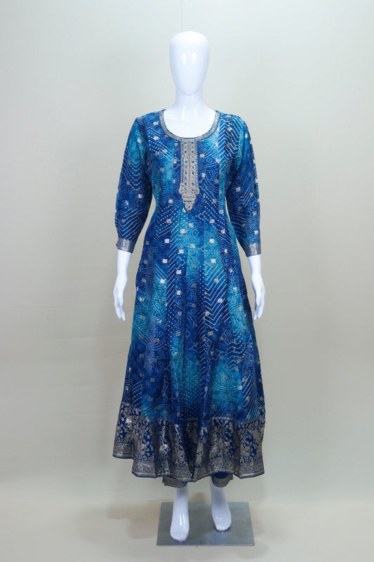 Royal Blue Bandhani Print Embroidered Anarkali Suit with Matching Dupatta - Mangaldeep NX