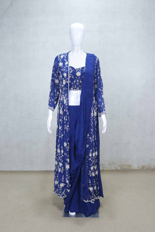 Royal Blue Embroidered Indo - Western Dhoti Set with Long Jacket and Mirror Work - Mangaldeep NX