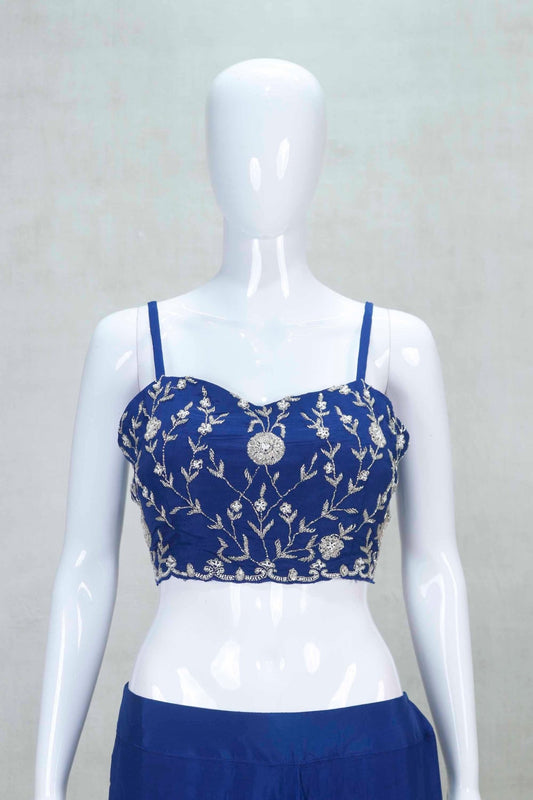 Royal Blue Embroidered Indo - Western Dhoti Set with Long Jacket and Mirror Work - Mangaldeep NX