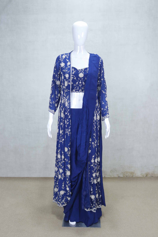 Royal Blue Embroidered Indo - Western Dhoti Set with Long Jacket and Mirror Work - Mangaldeep NX