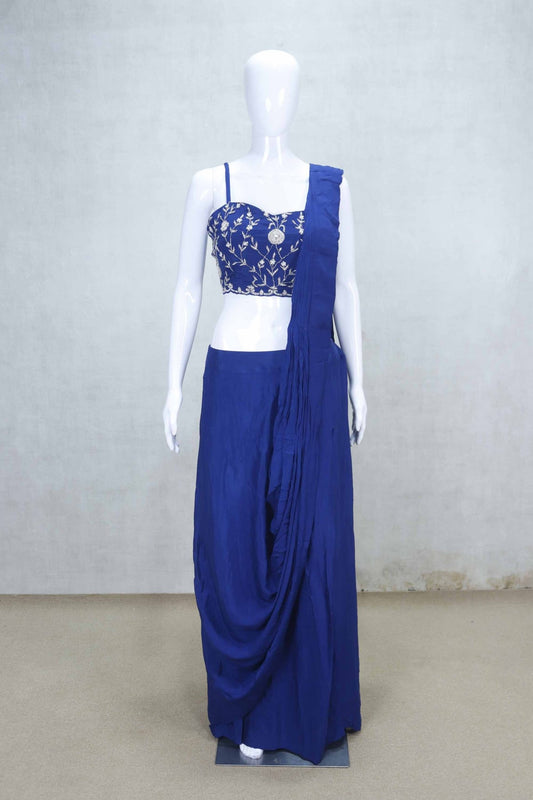 Royal Blue Embroidered Indo - Western Dhoti Set with Long Jacket and Mirror Work - Mangaldeep NX