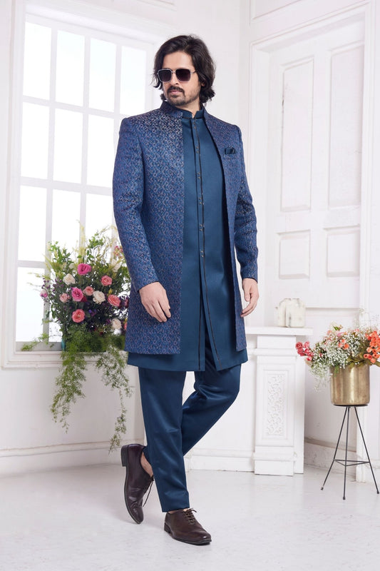 Royal Blue Embroidered Silk Indo - Western Sherwani Set for Men with Jacquard Detailing and Kurta Pants - Mangaldeep NX
