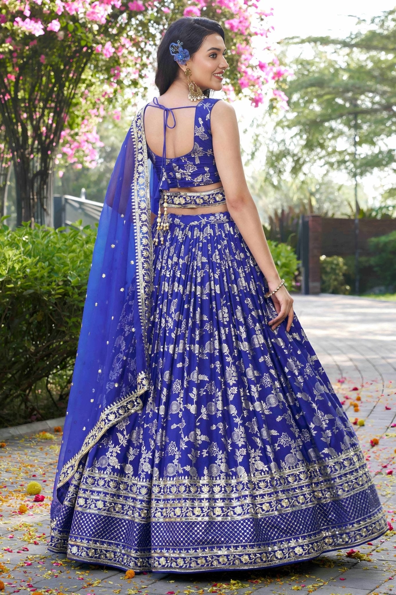 Royal Blue Embroidered Silk Lehenga Choli Set with Mirror Work and Sequin Dupatta - Mangaldeep NX
