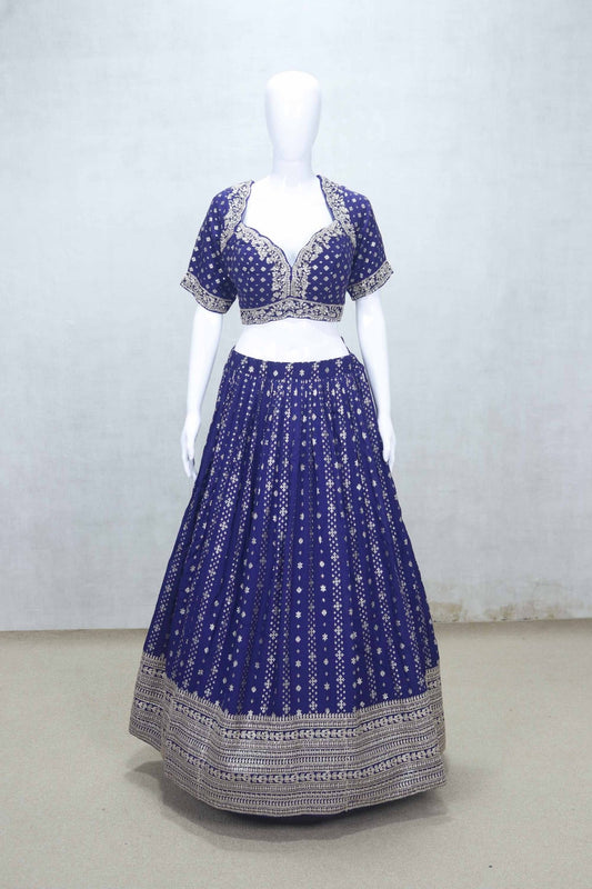 Royal Blue Mirror and Thread Embroidered Lehenga Choli Set with Net Dupatta - Mangaldeep NX