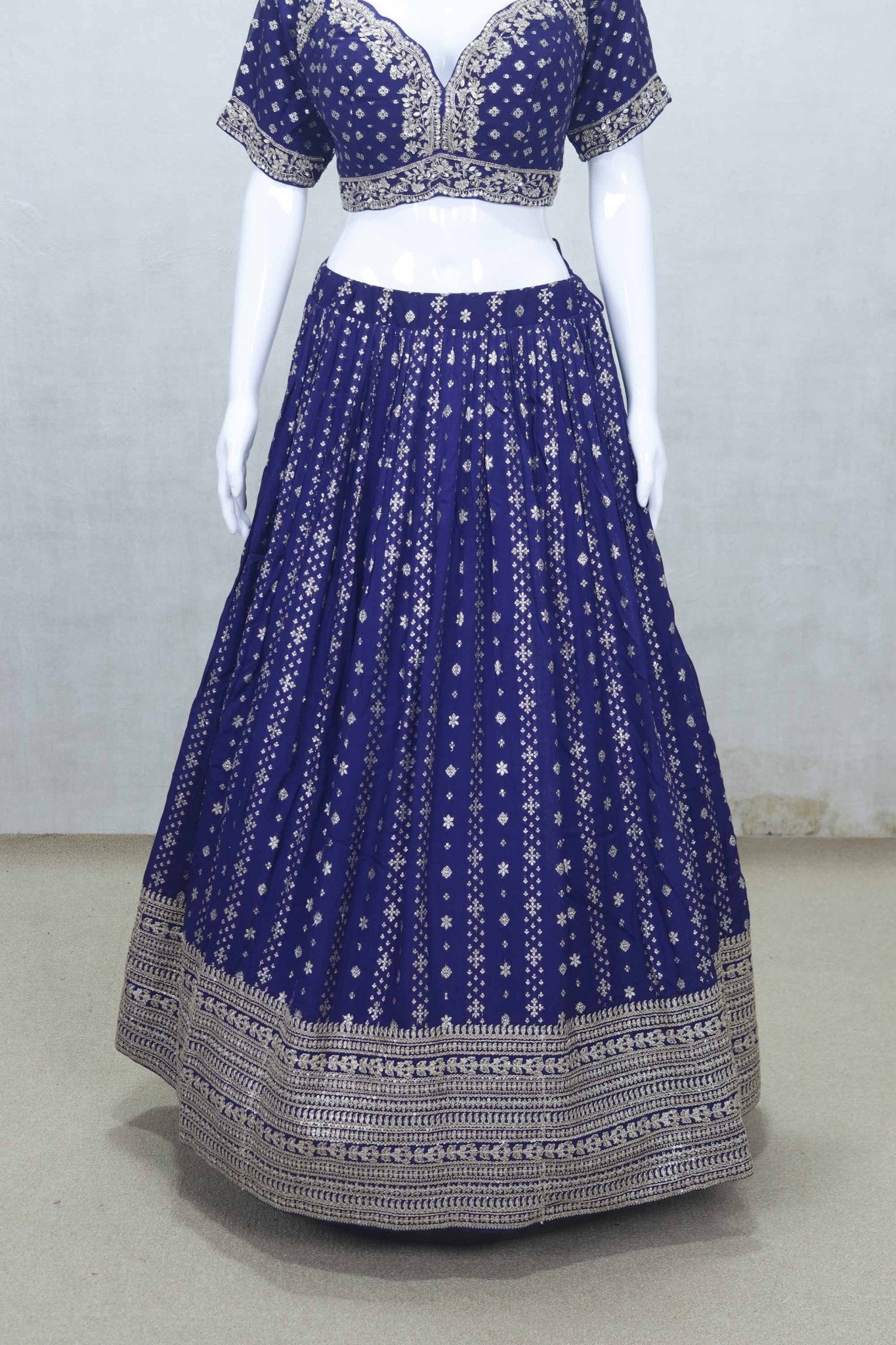 Royal Blue Mirror and Thread Embroidered Lehenga Choli Set with Net Dupatta - Mangaldeep NX