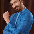 Royal Blue Printed Art Silk Kurta for Men with Off - White Pyjama - Mangaldeep NX