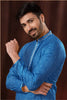 Royal Blue Printed Art Silk Kurta for Men with Off - White Pyjama - Mangaldeep NX