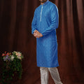 Royal Blue Printed Art Silk Kurta for Men with Off - White Pyjama - Mangaldeep NX