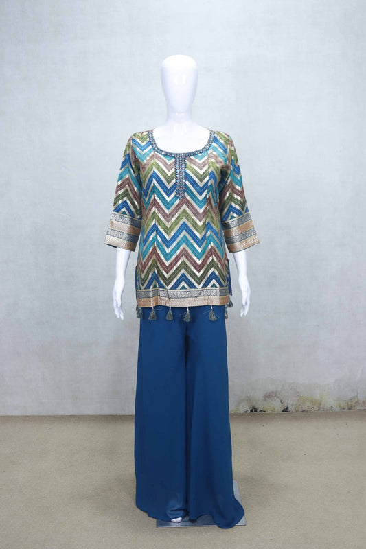 Royal Blue Printed Sharara Set with Tassel Detailing and Teal Palazzo Pants - Mangaldeep NX
