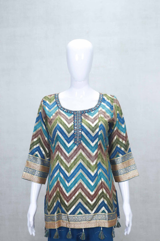 Royal Blue Printed Sharara Set with Tassel Detailing and Teal Palazzo Pants - Mangaldeep NX