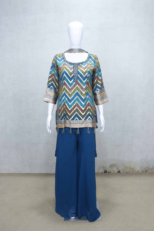 Royal Blue Printed Sharara Set with Tassel Detailing and Teal Palazzo Pants - Mangaldeep NX