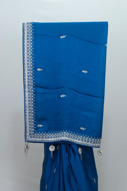 Royal Blue Satin Silk Saree Tassels Elegant Party Wedding Wear Saree - Mangaldeep NX