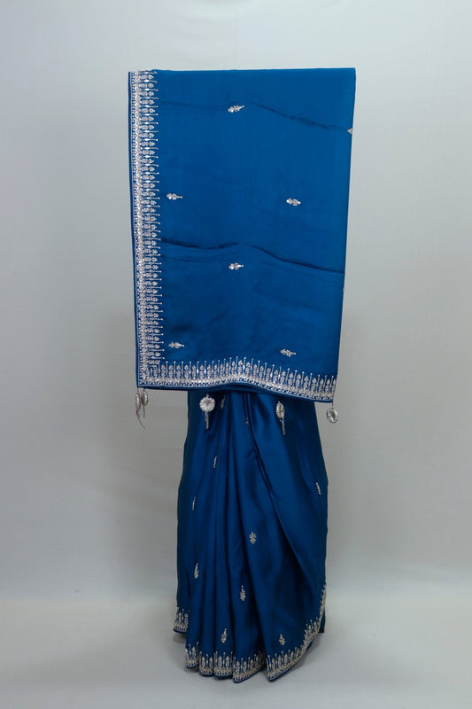 Royal Blue Satin Silk Saree Tassels Elegant Party Wedding Wear Saree - Mangaldeep NX