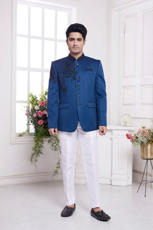 Royal Blue Textured Bandhgala Suit for Men with Black Embroidery and White Pants - Mangaldeep NX