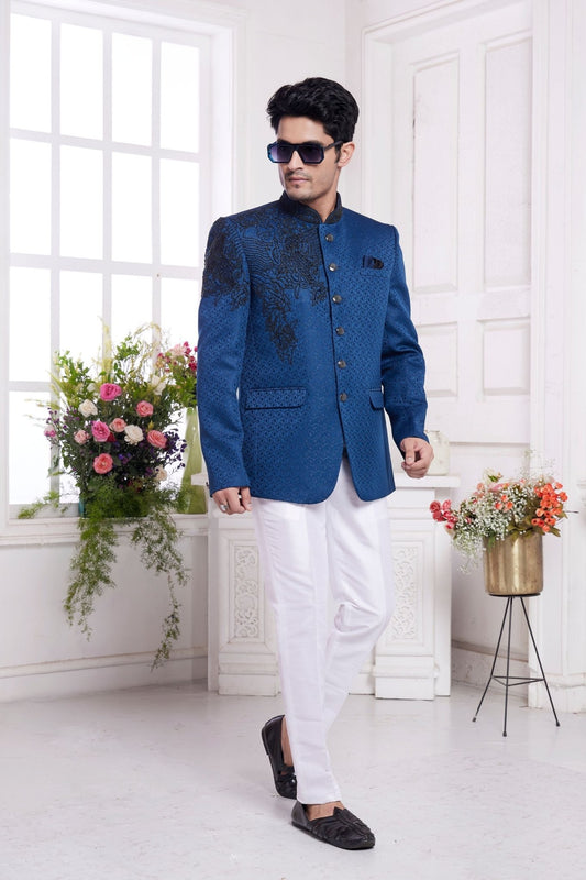 Royal Blue Textured Bandhgala Suit for Men with Black Embroidery and White Pants - Mangaldeep NX