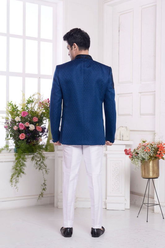 Royal Blue Textured Bandhgala Suit for Men with Black Embroidery and White Pants - Mangaldeep NX