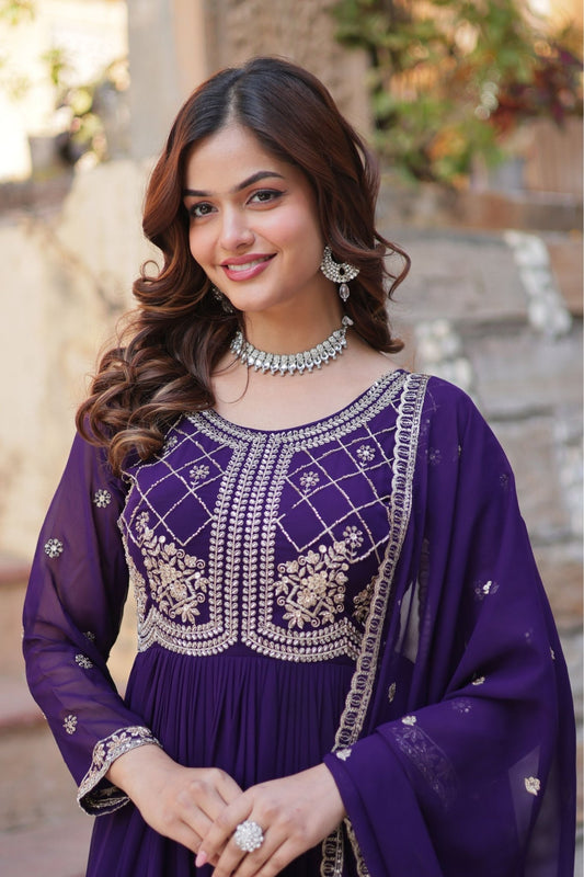 Royal Purple Anarkali Suit with Intricate Golden Embroidery - Mangaldeep NX