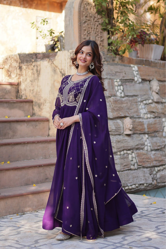 Royal Purple Anarkali Suit with Intricate Golden Embroidery - Mangaldeep NX