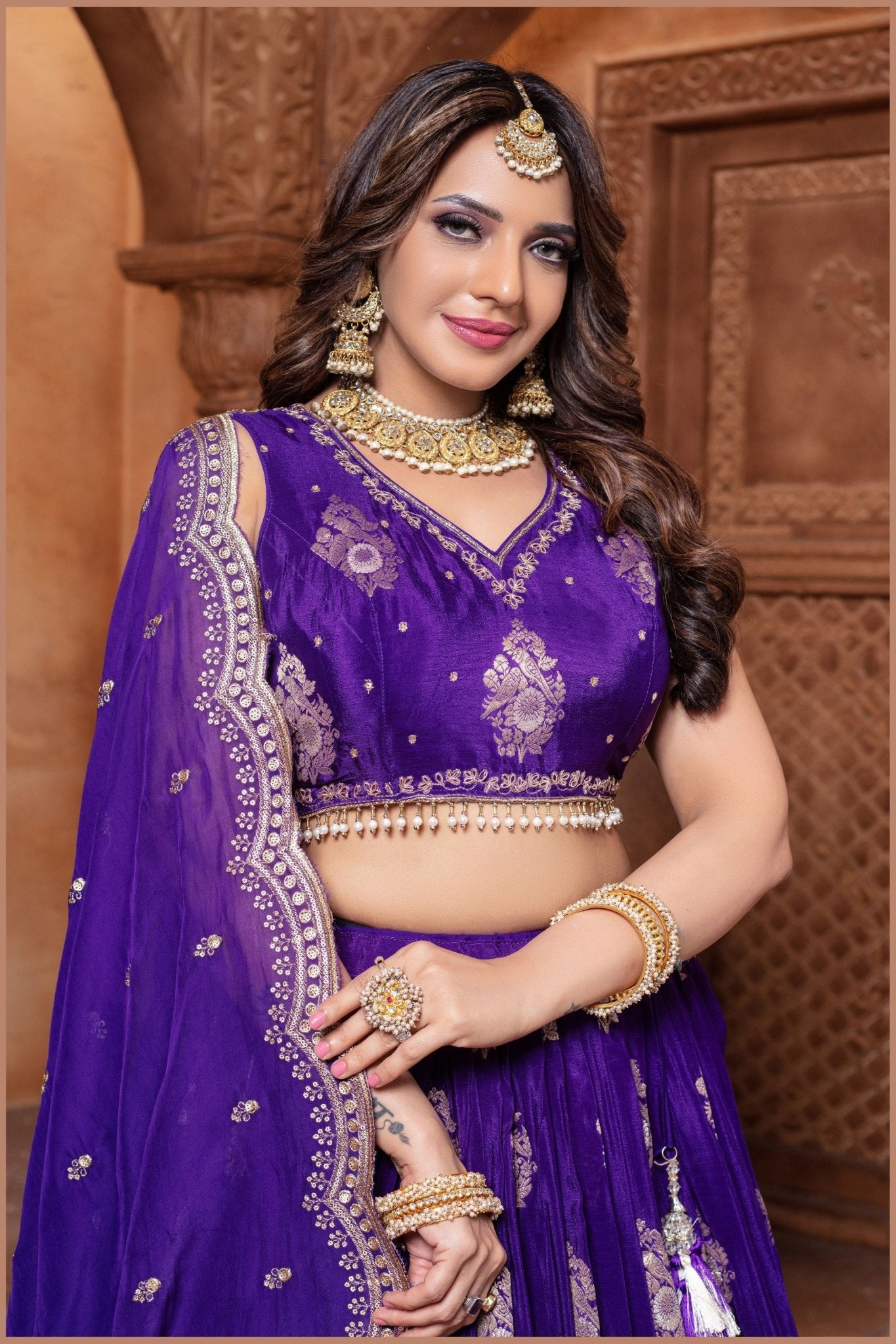 Royal Purple Embroidered Silk Lehenga Choli Set with Zari and Mirror Work Dupatta - Mangaldeep NX