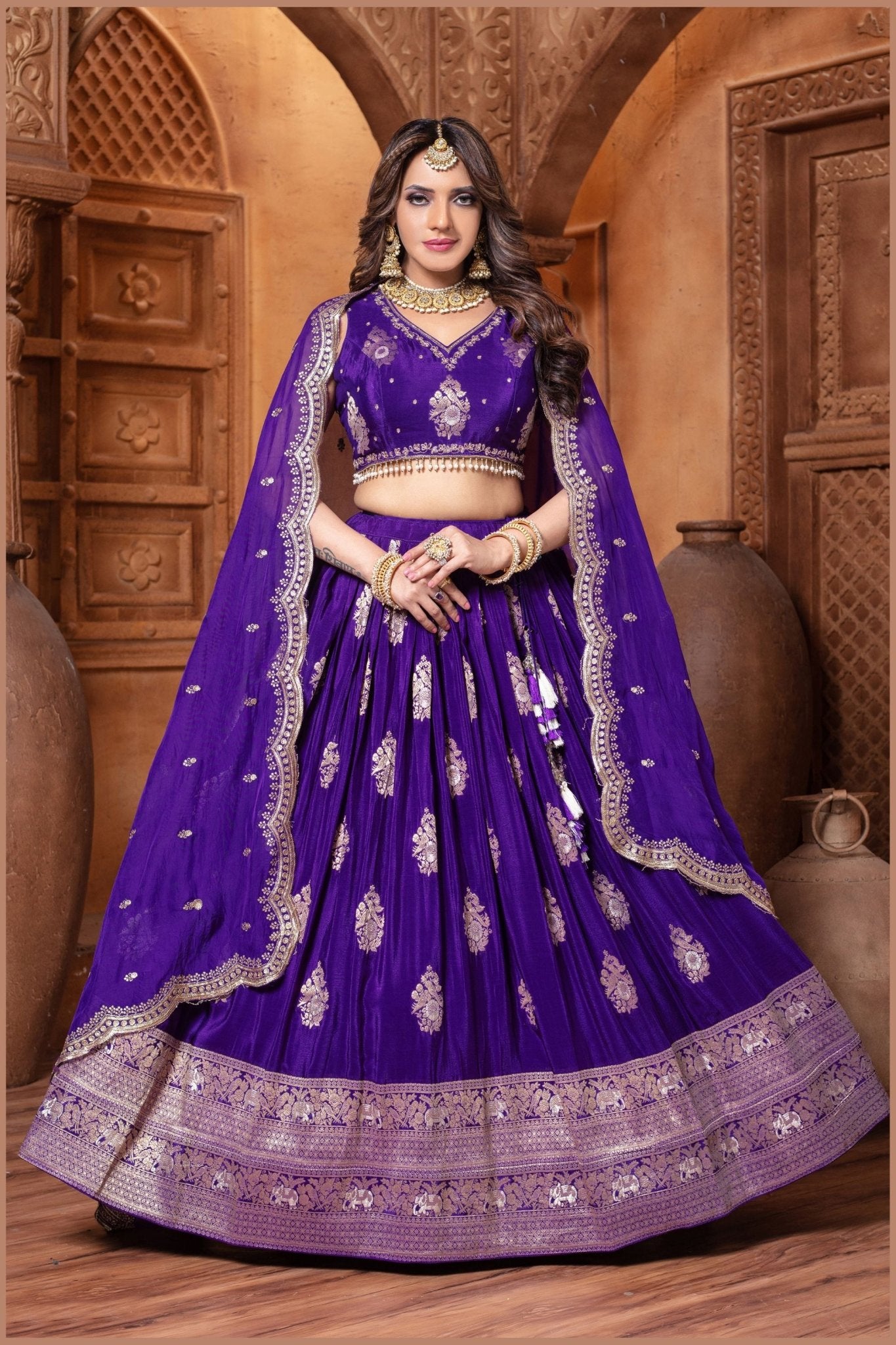 Royal Purple Embroidered Silk Lehenga Choli Set with Zari and Mirror Work Dupatta - Mangaldeep NX