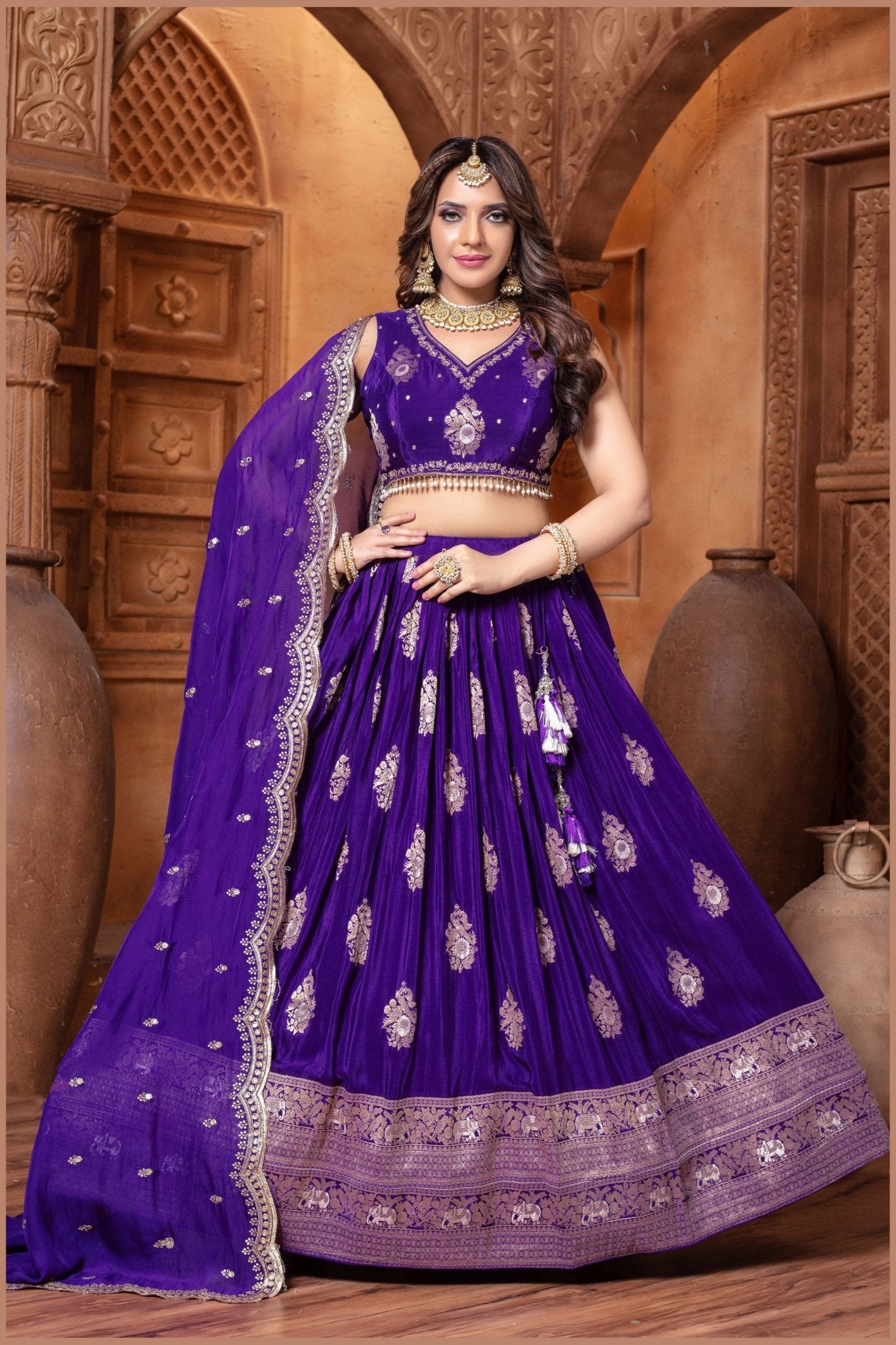 Royal Purple Embroidered Silk Lehenga Choli Set with Zari and Mirror Work Dupatta - Mangaldeep NX